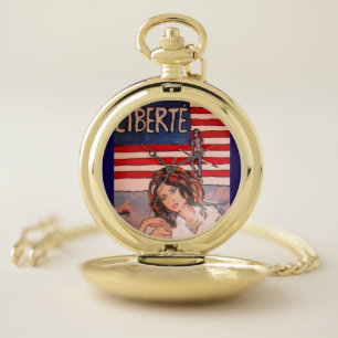 Vintage Style Liberté Portrait with American Flag Pocket Watch