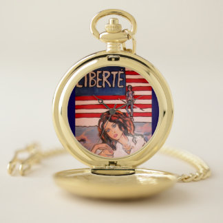 Vintage Style Liberté Portrait with American Flag Pocket Watch