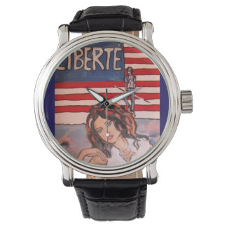 Vintage Style Liberté Portrait with American Flag Watch