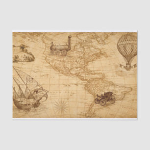 Vintage Style Map with Train, Hot Air Balloon Tissue Paper