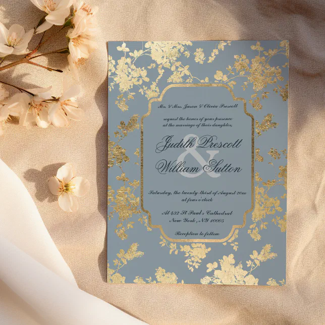 Vintage Style Mauve Blue Gold Floral Wedding Invitation | Zazzle