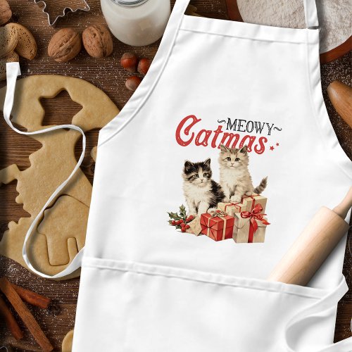 Vintage Style Meowy Catmas Cat Christmas Adult Apron