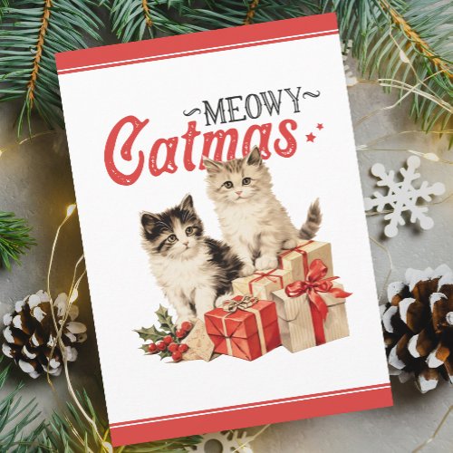 Vintage Style Meowy Catmas Cat Christmas Holiday Card