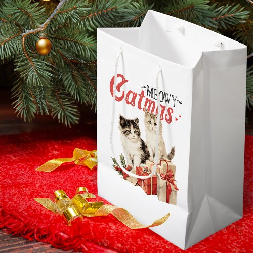 Vintage Style Meowy Catmas Cat Christmas Medium Gift Bag