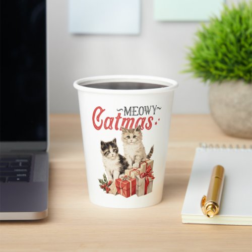 Vintage Style Meowy Catmas Cat Christmas Paper Cups