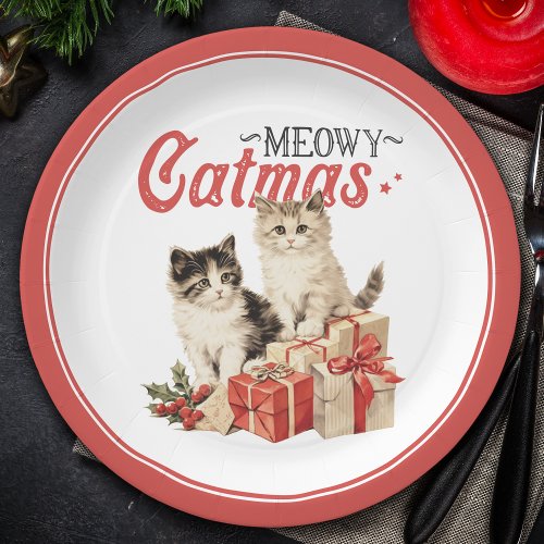 Vintage Style Meowy Catmas Cat Christmas Paper Plates