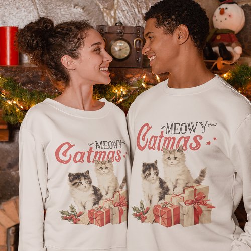 Vintage Style Meowy Catmas Cat Christmas Sweatshirt