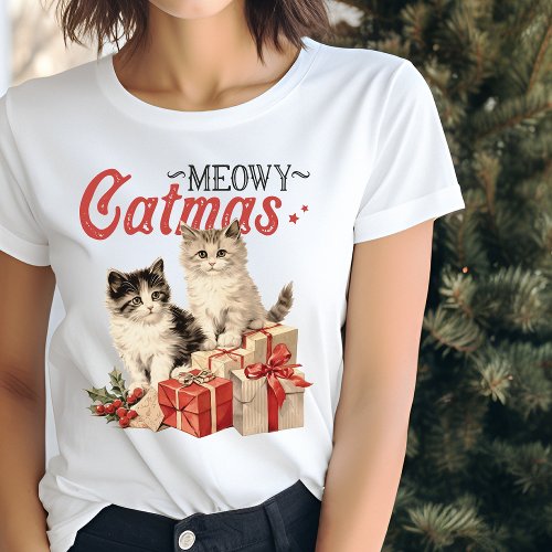 Vintage Style Meowy Catmas Cat Christmas T_Shirt