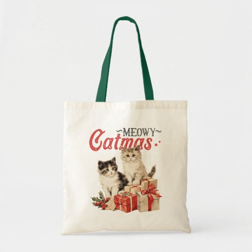 Vintage Style Meowy Catmas Cat Christmas Tote Bag