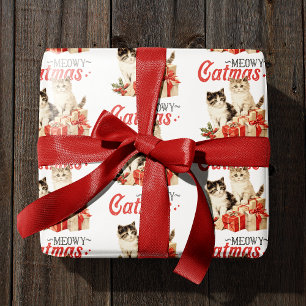 Vintage Style Meowy Catmas Cat Christmas Wrapping Paper