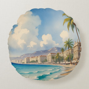 Vintage Style Monte Carlo Beach Travel Round Pillow