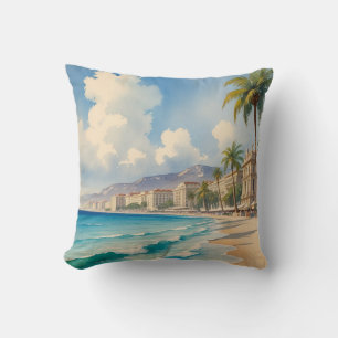 Vintage Style Monte Carlo Beach Travel Throw Pillow