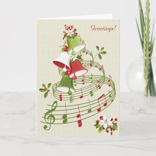 Vintage Style Musical Bells Poinsettias Holly Holiday Card