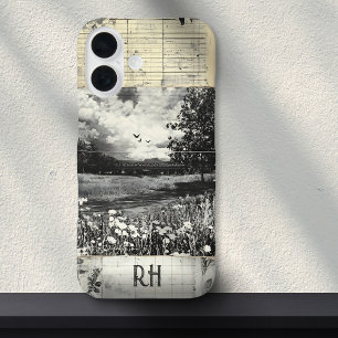 Vintage Style Nature Scene Scrapbook Monogram iPhone 16 Case