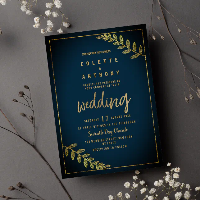 Vintage style navy blue gold floral chic Wedding Invitation | Zazzle