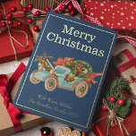 Vintage Style Old Car Mistletoe Christmas Gold Foil Holiday Card<br><div class="desc">Vintage style elegant Christmas card with real gold foil and an old blue car with wreaths and red mistletoe. It features a navy blue background and all the text is editable.</div>