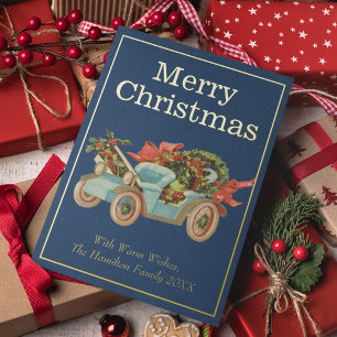 Vintage Style Old Car Mistletoe Christmas Gold Foil Holiday Card