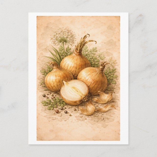 Vintage-Style Onion Botanical Illustration Postcard (Front)