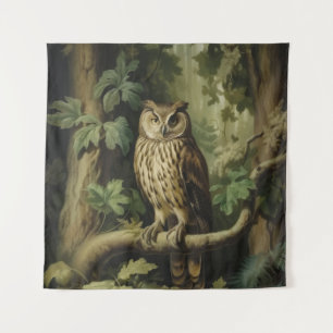 Vintage Style Owl in Enchanted Forest Tapestry