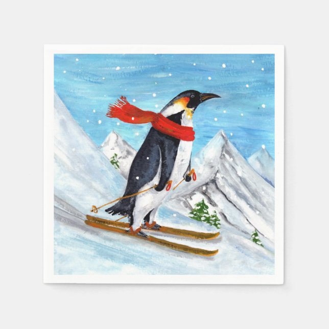 Vintage Style Penguin Downhill Skiing Napkins (Front)