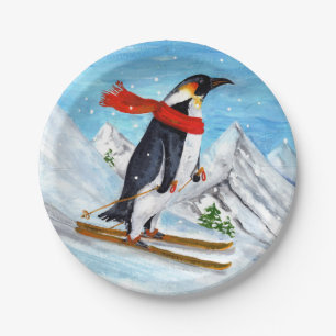 Vintage Style Penguin Downhill Skiing Paper Plates