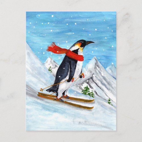 Vintage Style Penguin Downhill Skiing Postcard