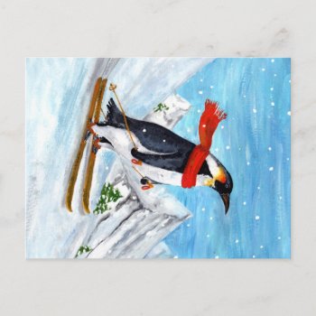 Vintage Style Penguin Downhill Skiing Postcard by GoosiStudio at Zazzle