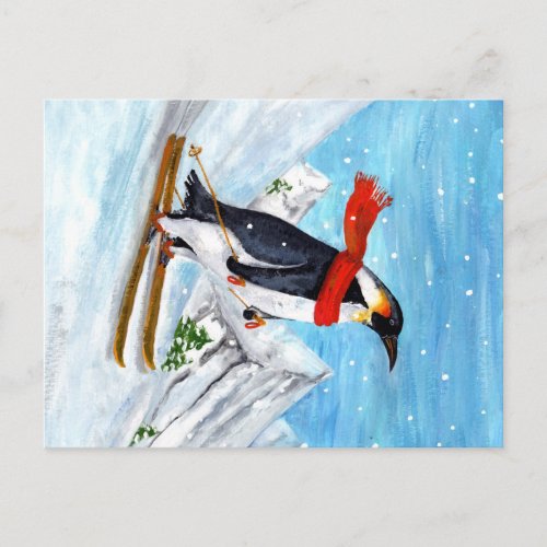 Vintage Style Penguin Downhill Skiing Postcard