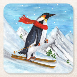 Vintage Style Penguin Downhill Skiing Square Paper Coaster