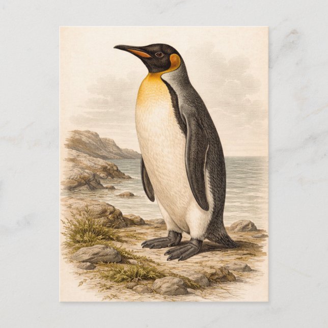 Vintage-Style Penguin Illustration Postcard (Front)