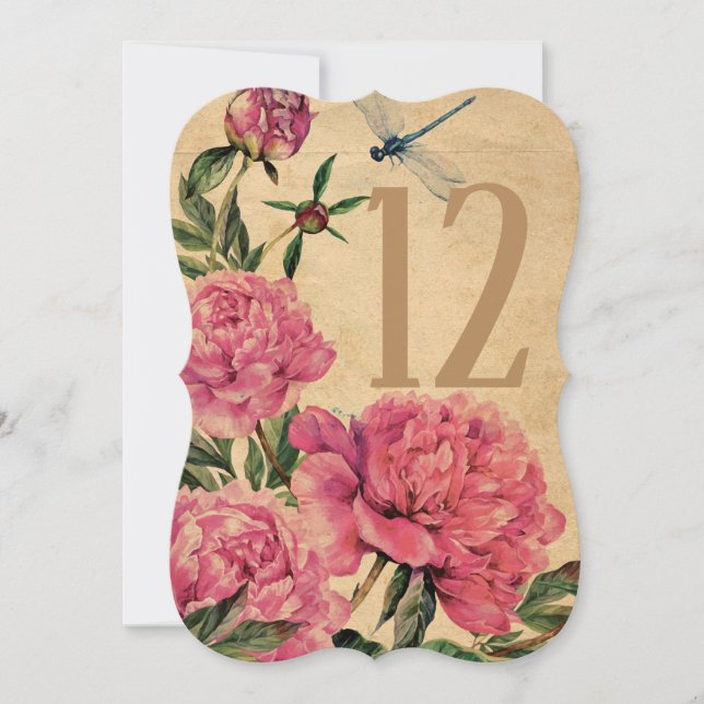 Vintage Style Peony & Dragonfly Table Number Cards (Front)