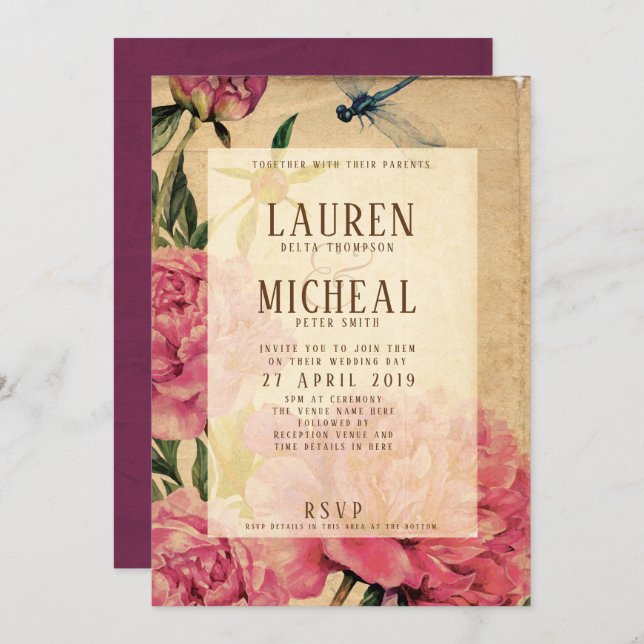 Vintage Style Peony & Dragonfly Wedding Invitation (Front/Back)