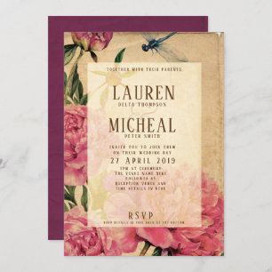 Vintage Style Peony & Dragonfly Wedding Invitation