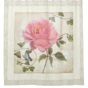 Vintage Style Peony Flower w Butterfly n Foliage Shower Curtain