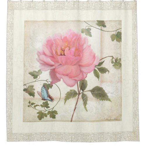 Vintage Style Peony Flower w Butterfly n Foliage Shower Curtain