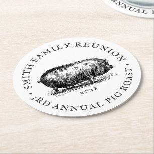 Vintage Style   Pig Roast Event   Family Reunion Round Paper Coaster
