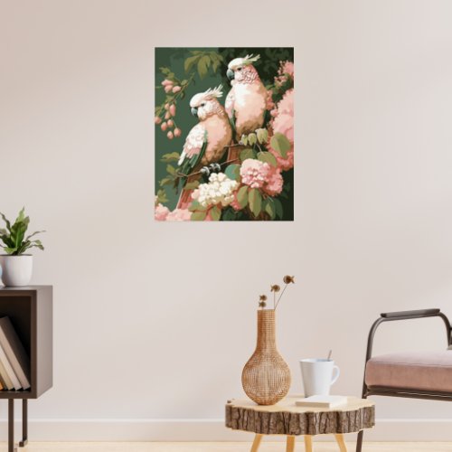 Vintage Style Pink Cockatoos With Cherry Blossoms Poster