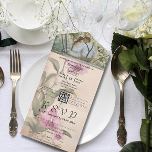 Vintage Style Pink Orchid Floral QR Code Photo All In One Invitation