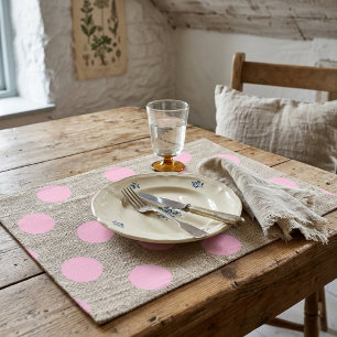 Vintage Style Pink Polka Dots on Burlap Cloth Placemat