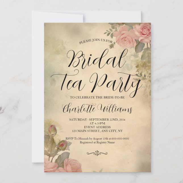 Vintage Style Pink Roses Bridal Tea Party Invitation (Front)