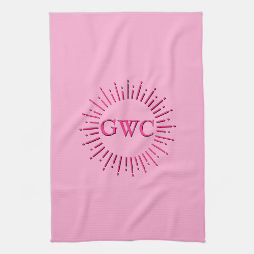 Vintage Style Pink Sun Burst  Custom Monogram Kitchen Towel