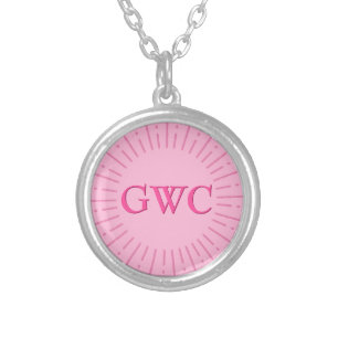 Vintage Style Pink Sun Burst Custom Monogram Silver Plated Necklace