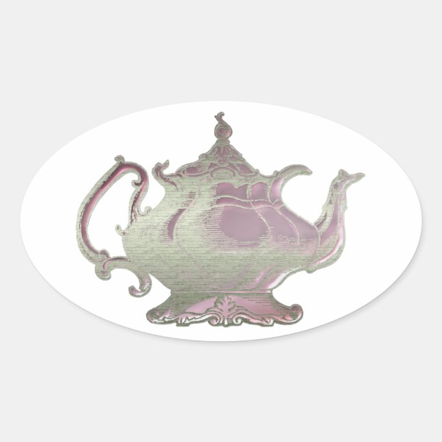 Vintage Style Pink Teapot Oval Sticker (Front)