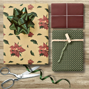 Vintage Style Poinsettia Rustic Christmas Wrapping Paper Sheets