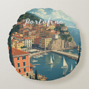 Vintage Style Portofino Genova Italy Round Pillow