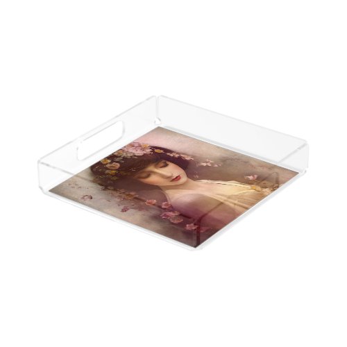 Vintage Style Portrait of Beautiful Floral Woman Acrylic Tray