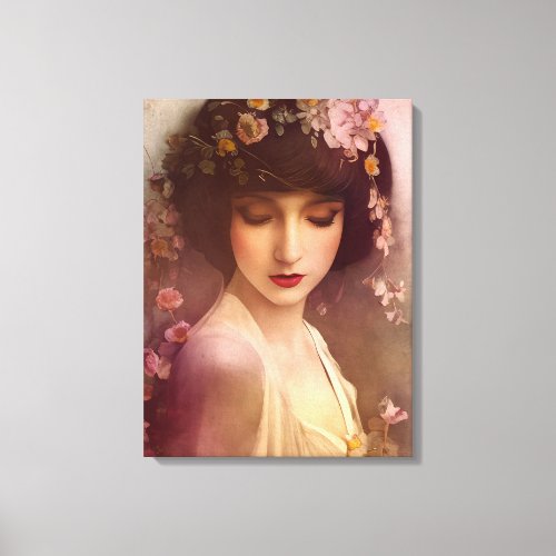 Vintage Style Portrait of Beautiful Floral Woman Canvas Print