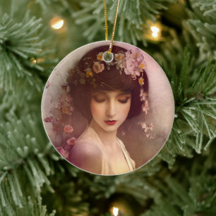 Vintage Style Portrait of Beautiful Floral Woman Ceramic Ornament