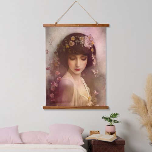 Vintage Style Portrait of Beautiful Floral Woman Hanging Tapestry