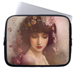 Vintage Style Portrait of Beautiful Floral Woman Laptop Sleeve